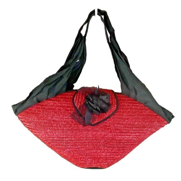 Tropical Beach Resort Chic Red Black Straw Clamshell Shoulder Tote Large Bag VTG - Picture 2 of 13